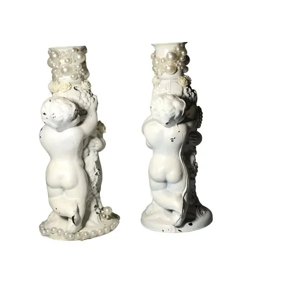Twin Cherub Angels Cast Metal Candle Table Lamp Holders Distressed Parts Pieces Sculpture